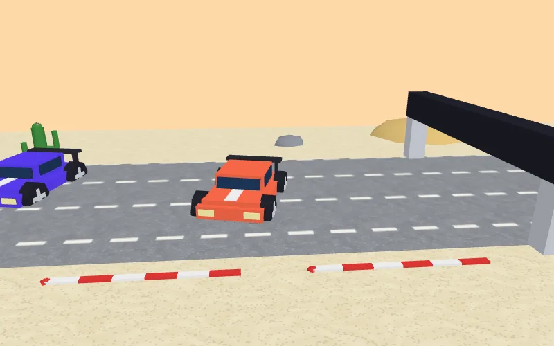 Dos autos, uno naranja y otro morado, corren por una pista de asfalto en el desierto con un arco de meta.