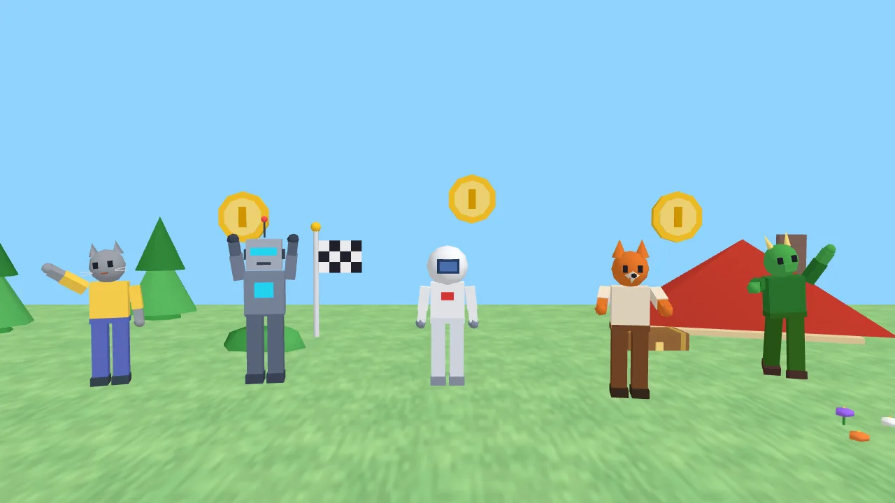 Cinco personajes de Kreolix (un gato, un robot, un astronauta, un zorro y un dragón) saludan en un prado con monedas flotando, árboles y una casa roja.